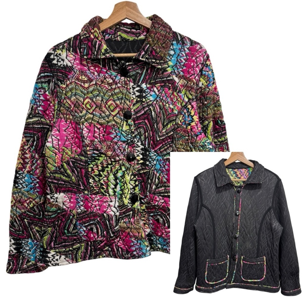 Parsley & Sage Reversible Quilted Jacket‎ Women Large Button Closure Colorful